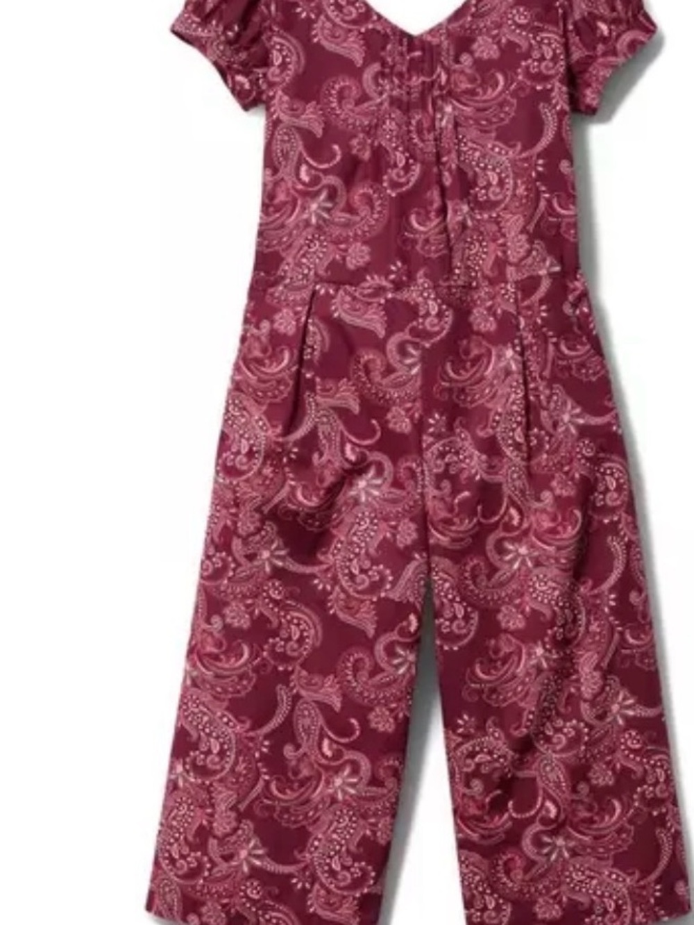 Janie and Jack jumpsuit features a burgundy paisley print and puffed sleeves 4T